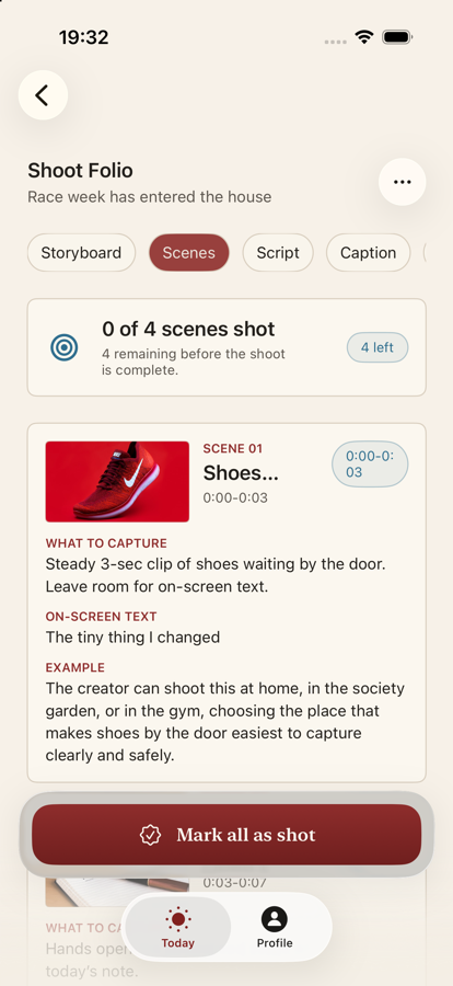 Shoot Folio Storyboard tab with timed shots and thumbnails