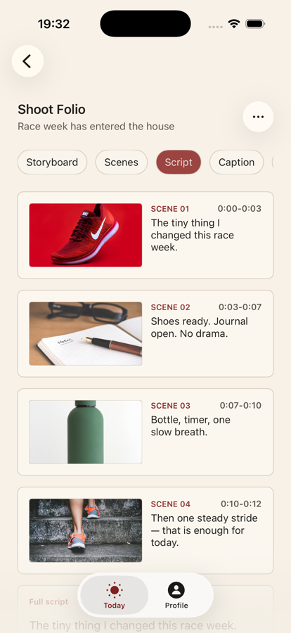 Shoot Folio Scenes tab with thumbnail and filming notes