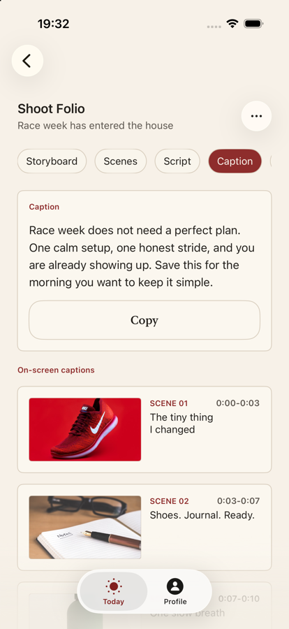 Shoot Folio Script tab with voiceover lines and thumbnails