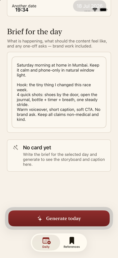 Manager Daily Content screen with a filled day brief and Generate today button